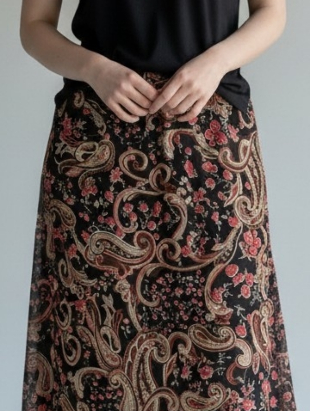 Vintage Black & Brown Paisley Midi Skirt with Red Floral Print